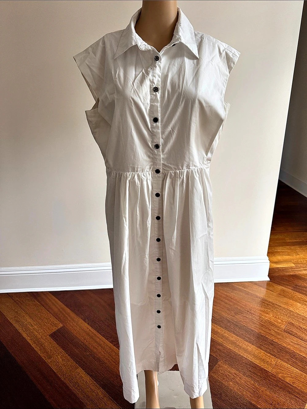 Foravi White Sleeveless Button Front Cotton Shirt Dress Maxi